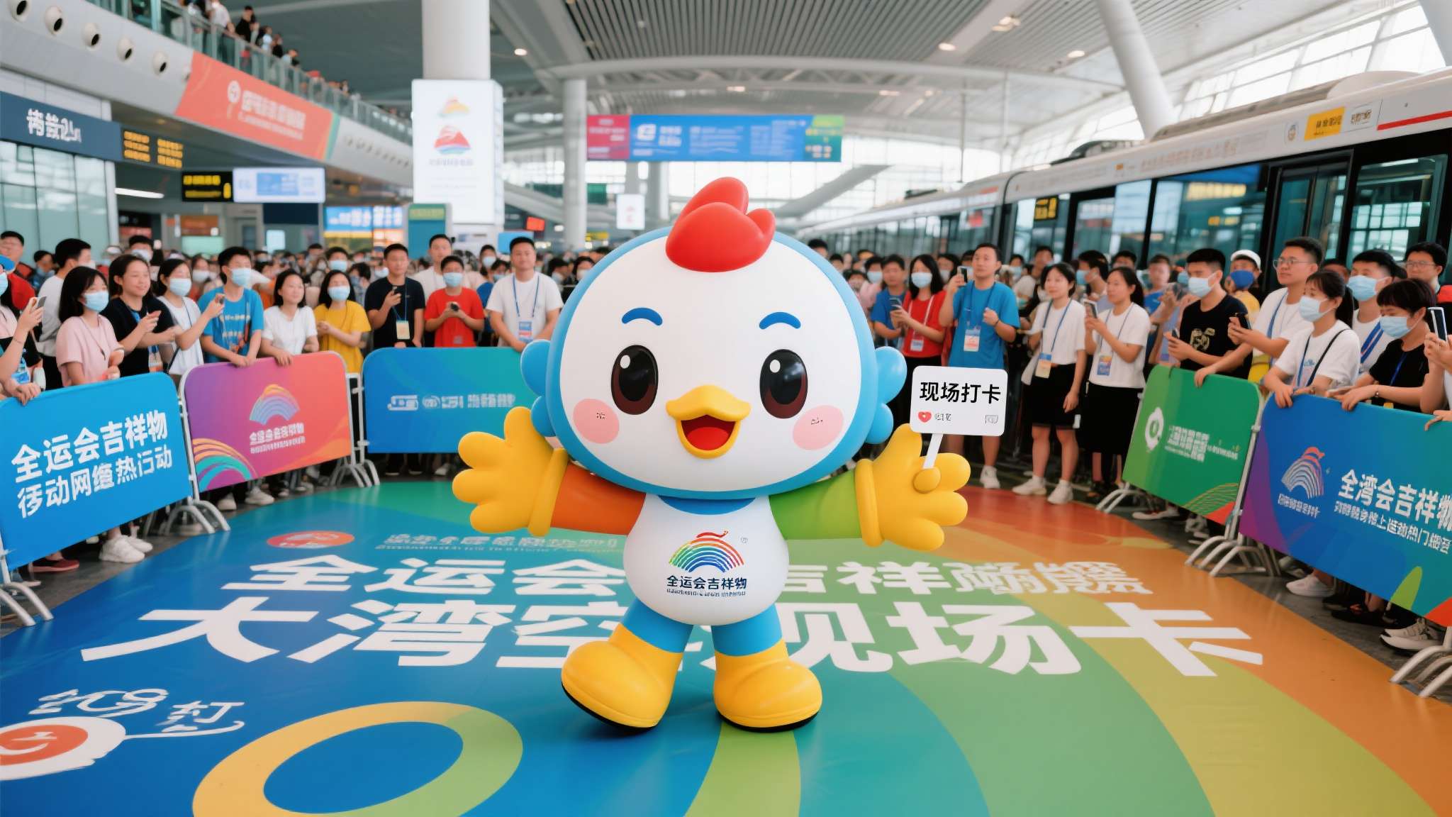 全运会吉祥物大湾鸡火出圈 据统计,在当天短短几个小时内,“全运会吉祥物”、“大湾鸡空降”、“现场打卡”等相